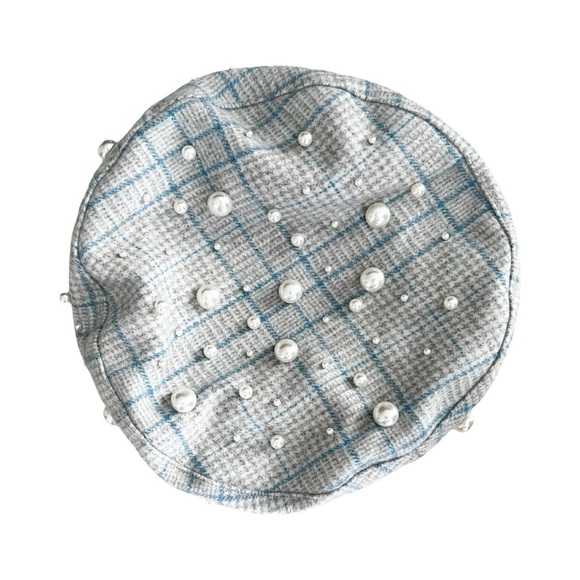 NWT LELE SADOUGHI Gingham Plaid Blue Pearl Embellishment Beret - Picture 3 of 6